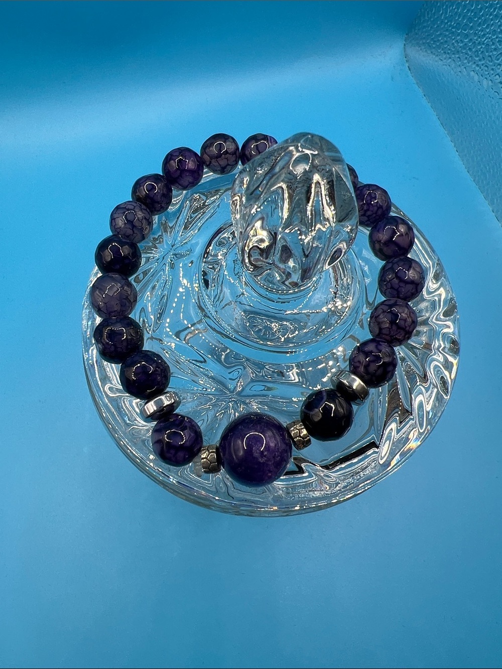 Purple dragon vein agate Beaded Stretch Bracelet with Metallic Accents